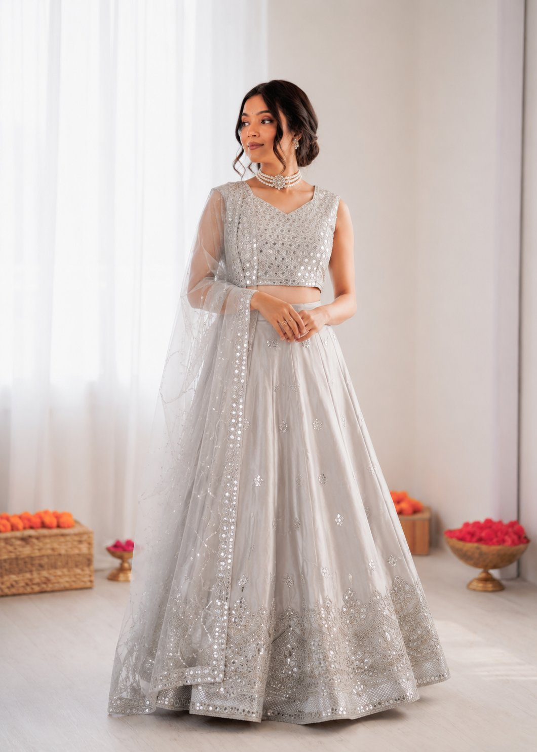 Prazu Fashion Light Grey Jatan Silk Thread With Sequence Designer Lehenga | Grocsy