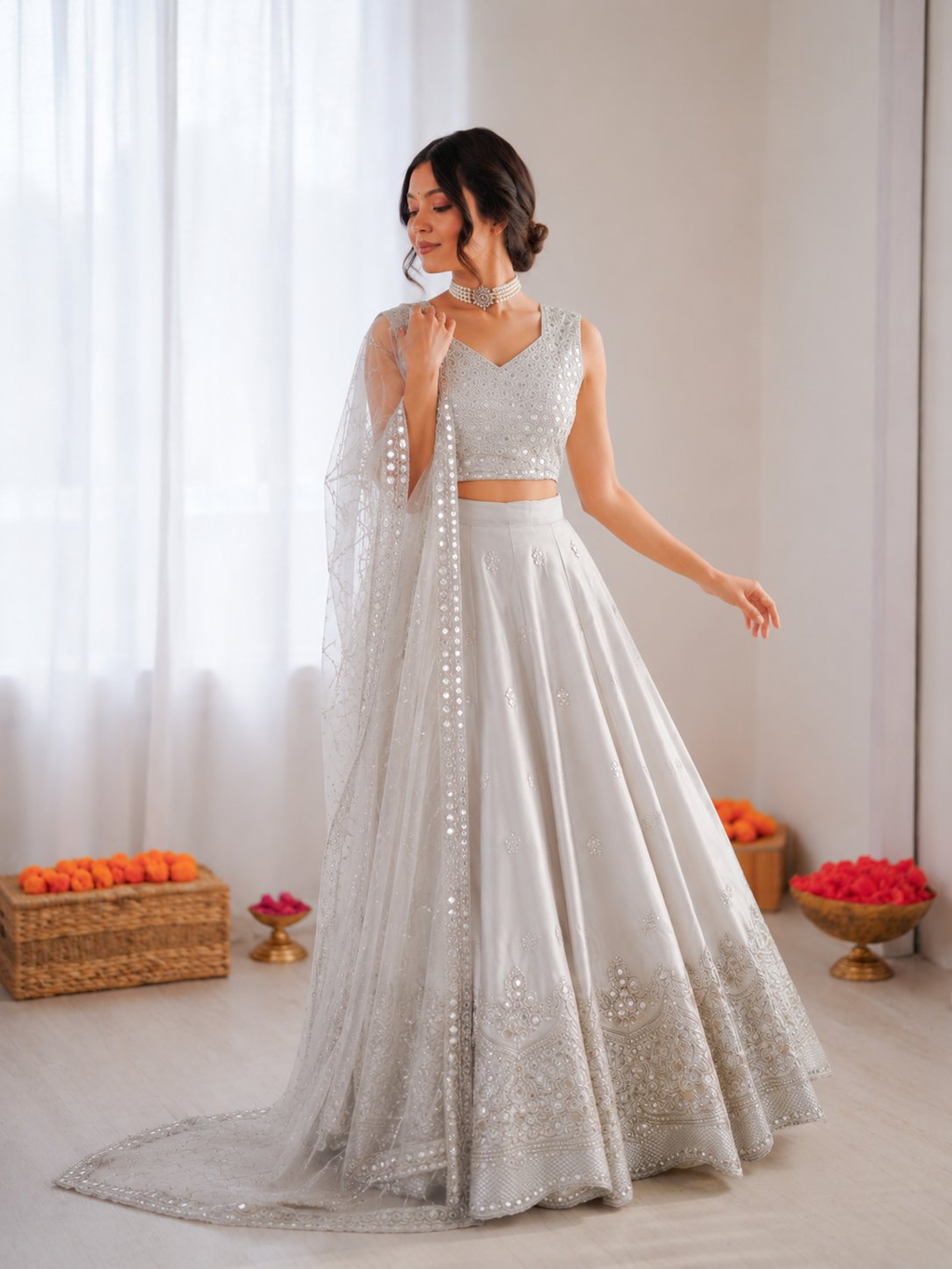 Prazu Fashion Light Grey Jatan Silk Thread With Sequence Designer Lehenga | Grocsy