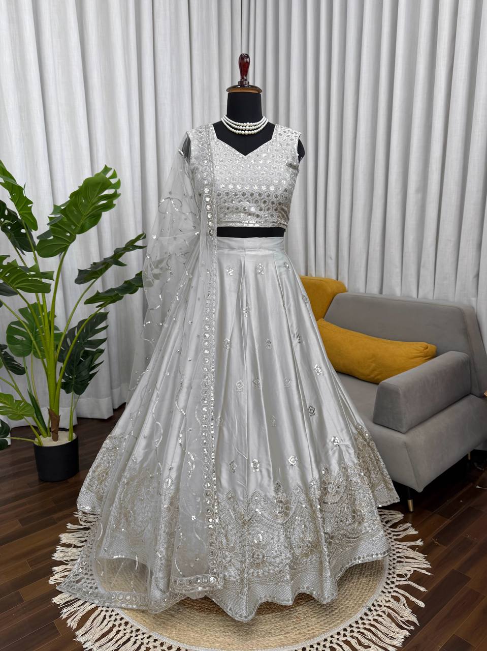 Prazu Fashion Light Grey Jatan Silk Thread With Sequence Designer Lehenga | Grocsy
