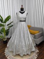 Prazu Fashion Light Grey Jatan Silk Thread With Sequence Designer Lehenga | Grocsy