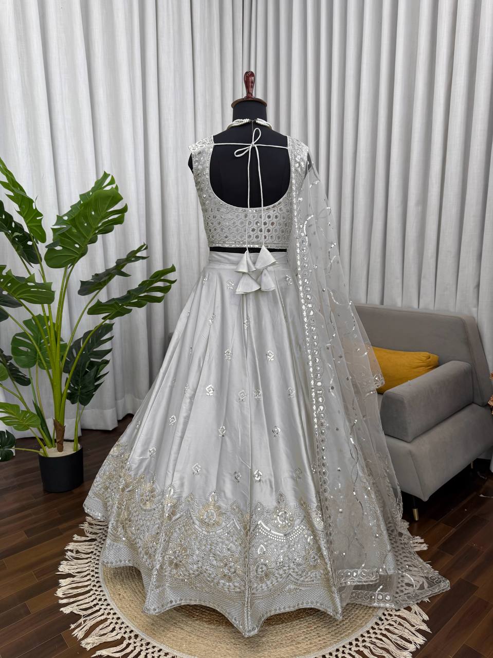 Prazu Fashion Light Grey Jatan Silk Thread With Sequence Designer Lehenga | Grocsy
