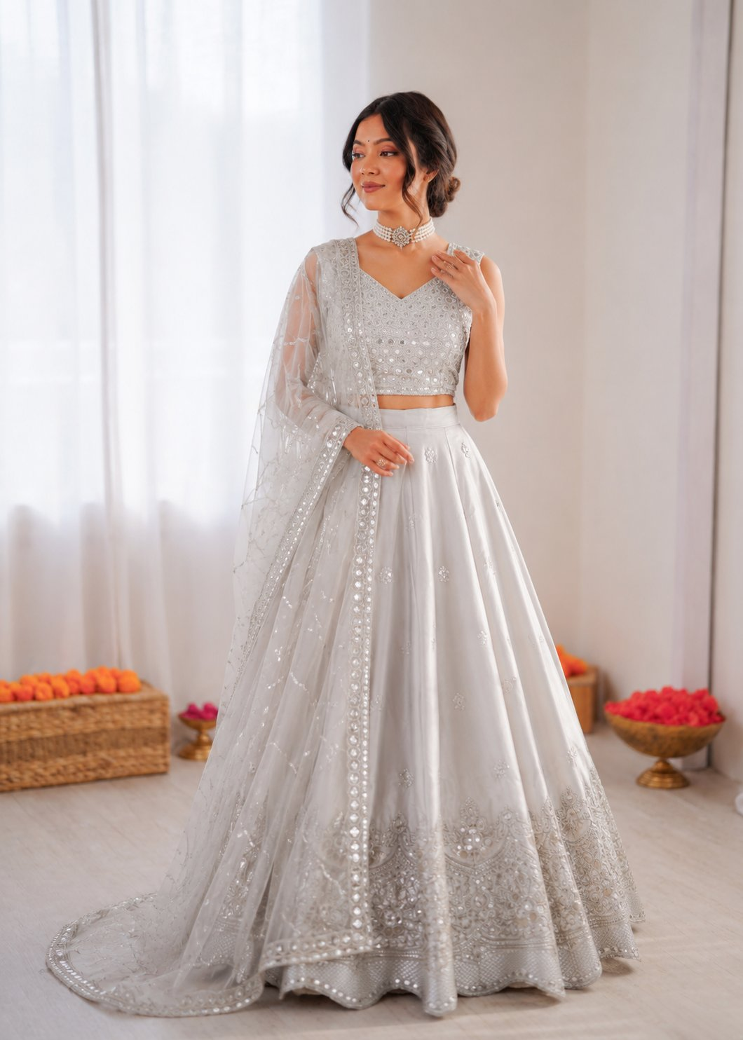 Prazu Fashion Light Grey Jatan Silk Thread With Sequence Designer Lehenga | Grocsy