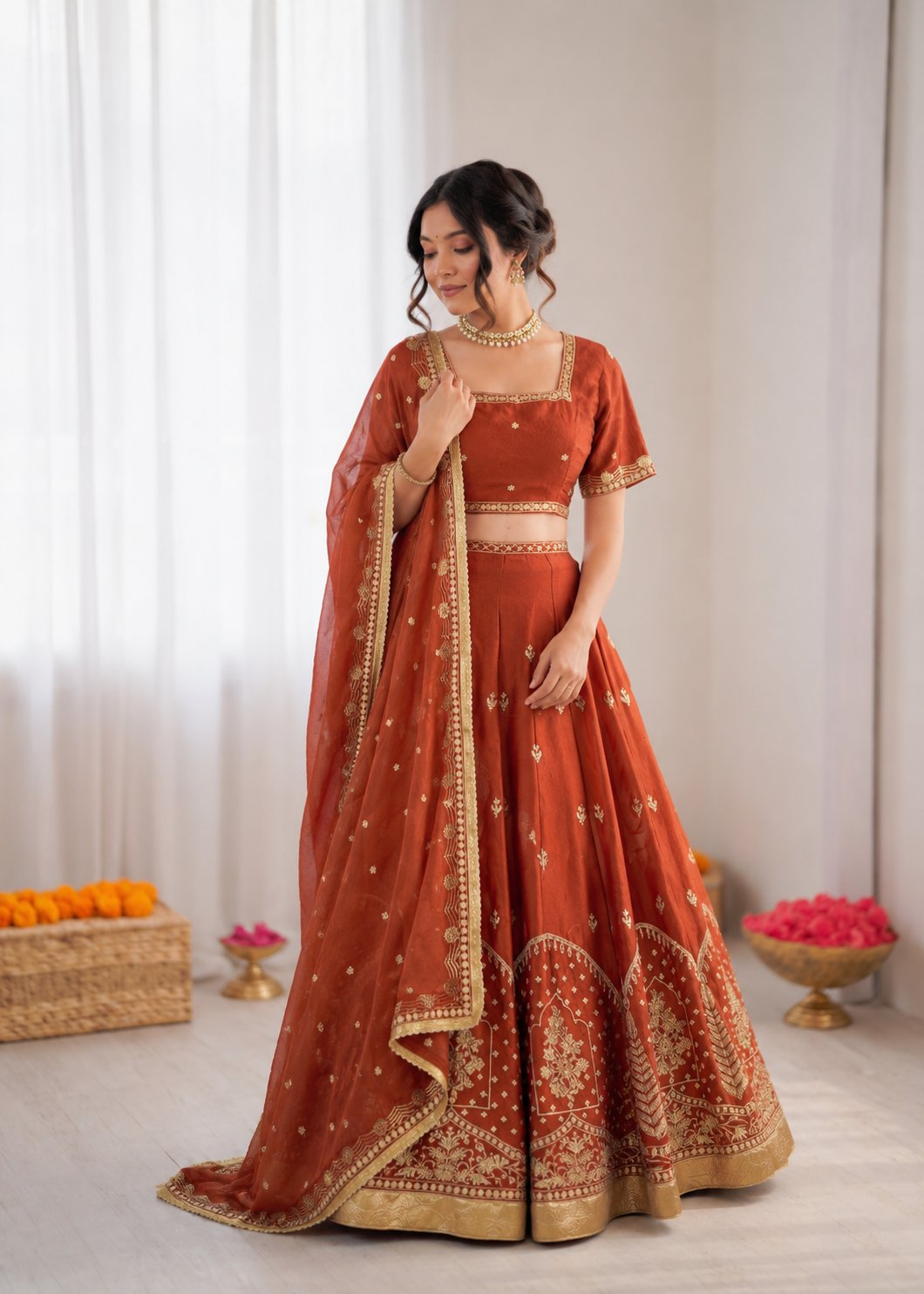 Prazu Fashion Rust Orange Art Silk Thread With Sequence Designer Lehenga | Grocsy
