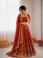 Prazu Fashion Rust Orange Art Silk Thread With Sequence Designer Lehenga | Grocsy