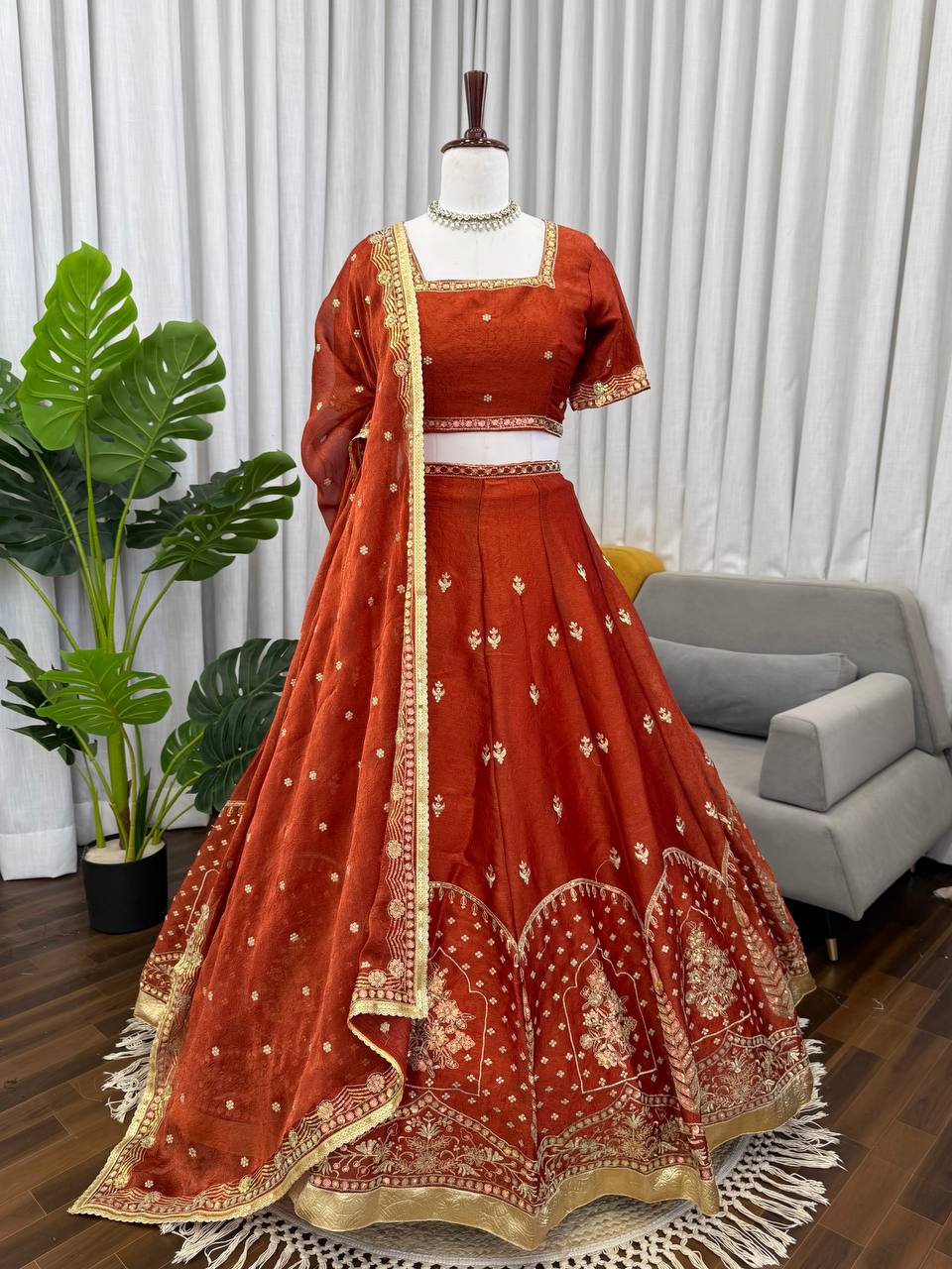 Prazu Fashion Rust Orange Art Silk Thread With Sequence Designer Lehenga | Grocsy