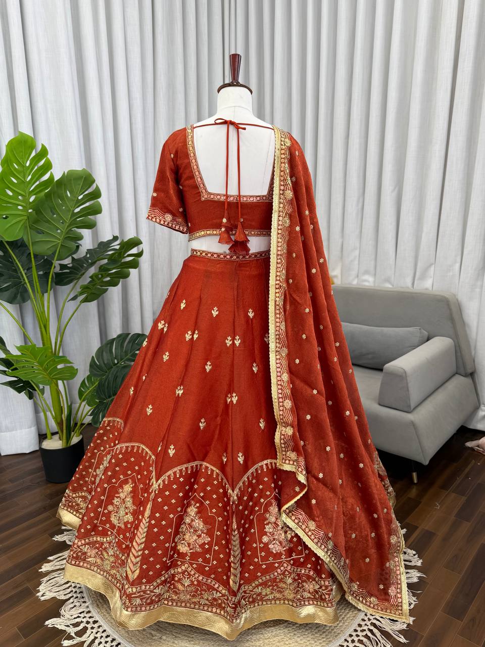 Prazu Fashion Rust Orange Art Silk Thread With Sequence Designer Lehenga | Grocsy