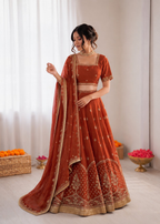 Prazu Fashion Rust Orange Art Silk Thread With Sequence Designer Lehenga | Grocsy