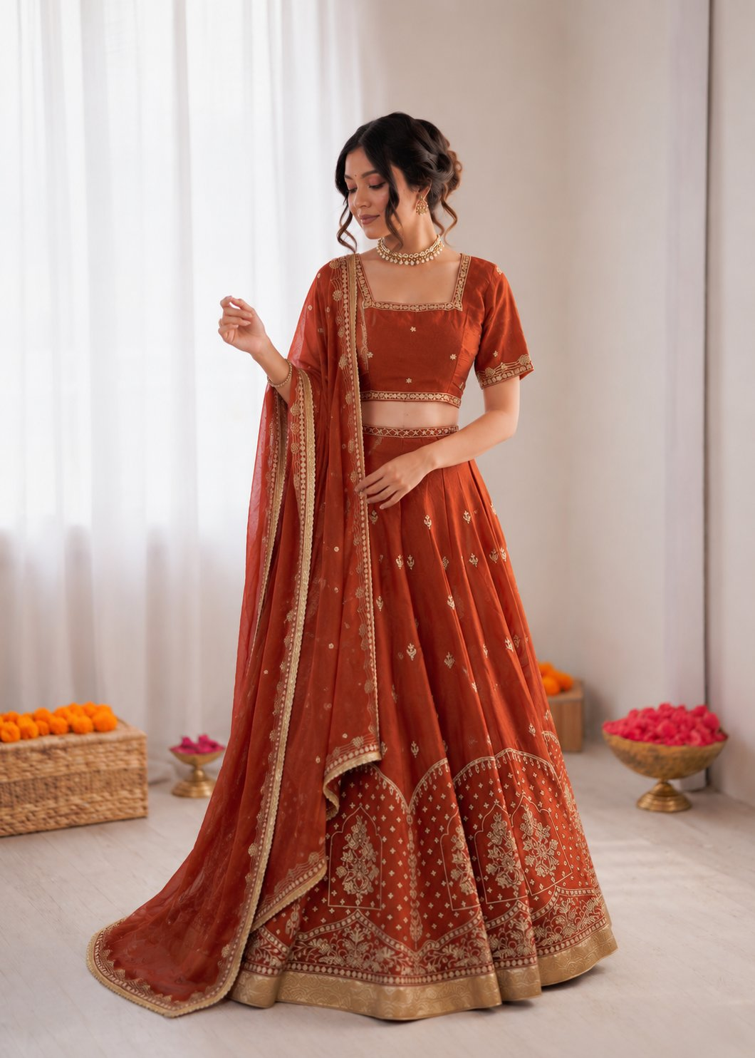 Prazu Fashion Rust Orange Art Silk Thread With Sequence Designer Lehenga | Grocsy