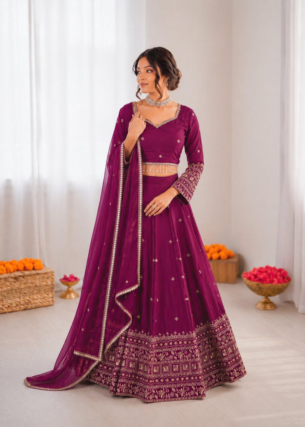 Prazu Fashion Purple Jatan Silk Thread With Sequence Designer Lehenga | Grocsy