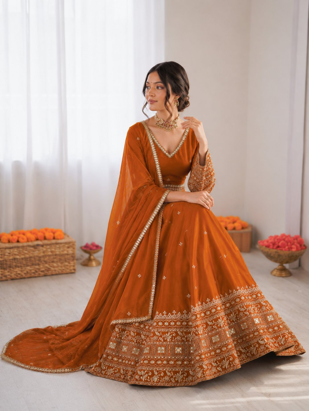 Prazu Fashion Orange Jatan Silk Thread With Sequence Designer Lehenga | Grocsy