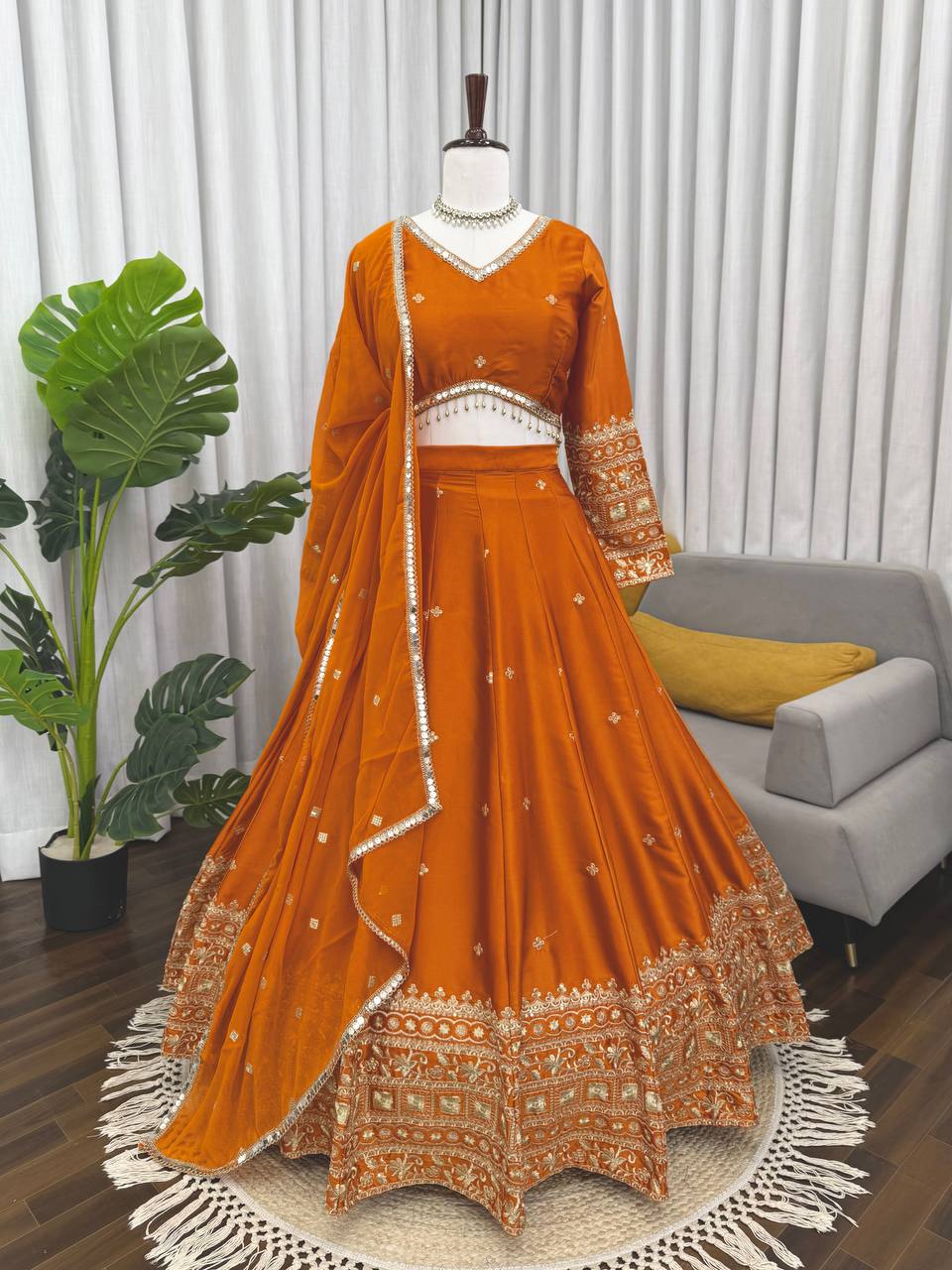 Prazu Fashion Orange Jatan Silk Thread With Sequence Designer Lehenga | Grocsy
