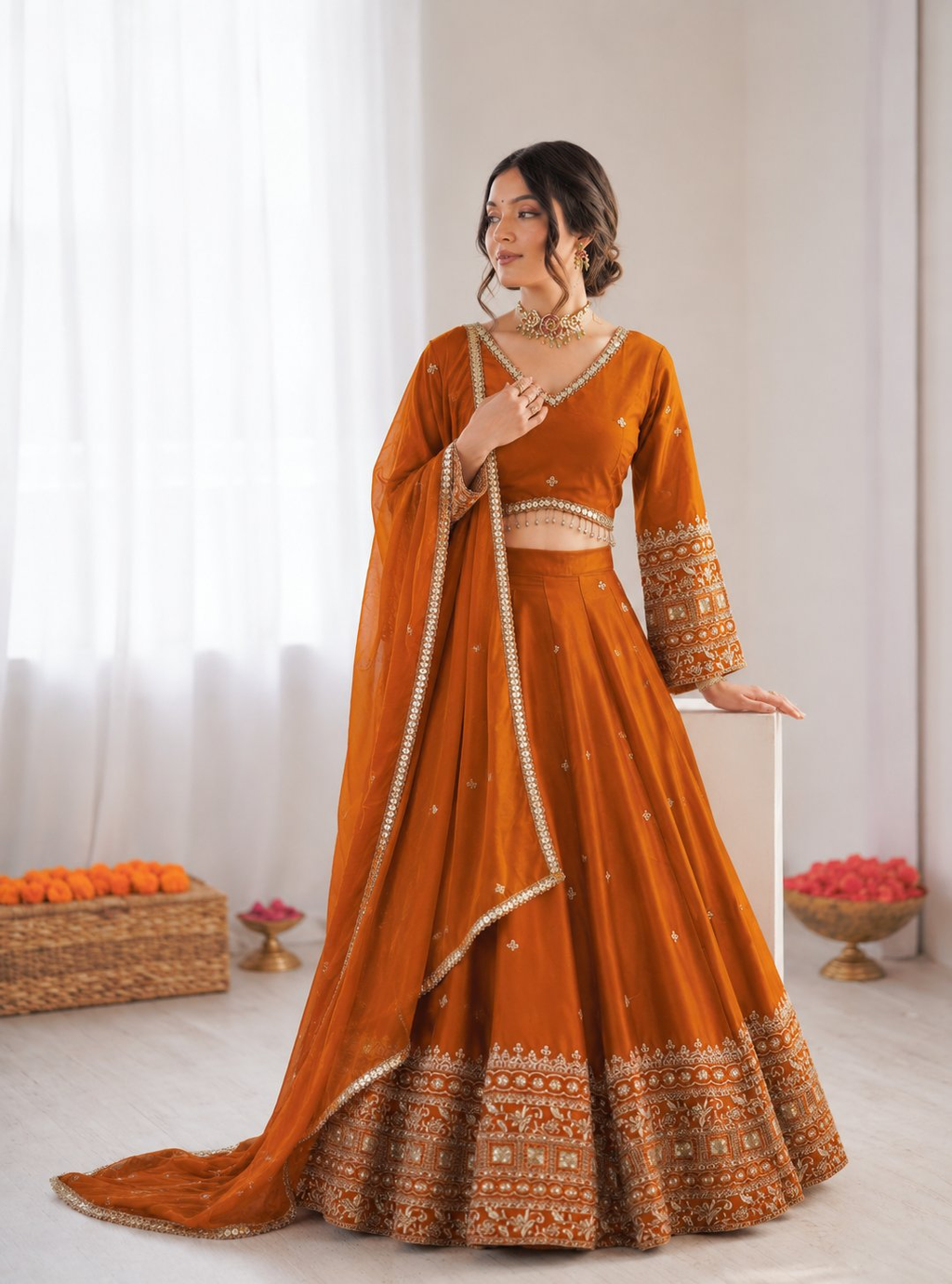 Prazu Fashion Orange Jatan Silk Thread With Sequence Designer Lehenga | Grocsy