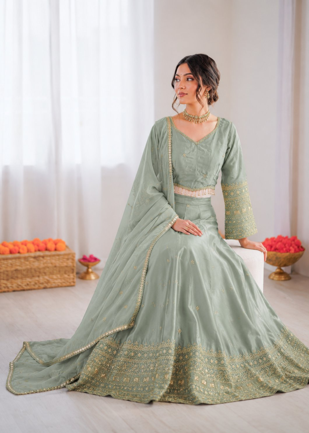 Prazu Fashion Sea Green Jatan Silk Thread With Sequence Designer Lehenga | Grocsy