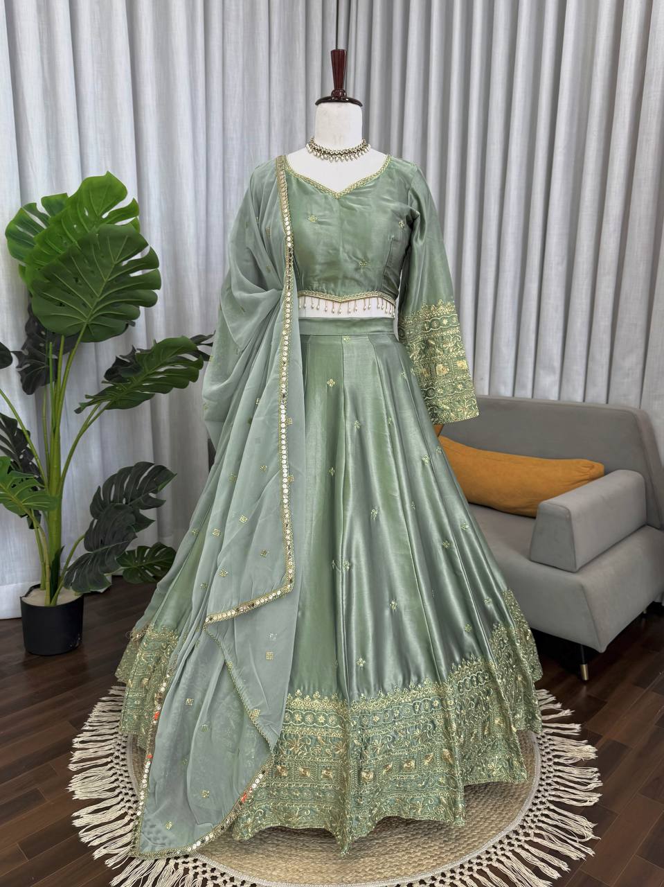 Prazu Fashion Sea Green Jatan Silk Thread With Sequence Designer Lehenga | Grocsy