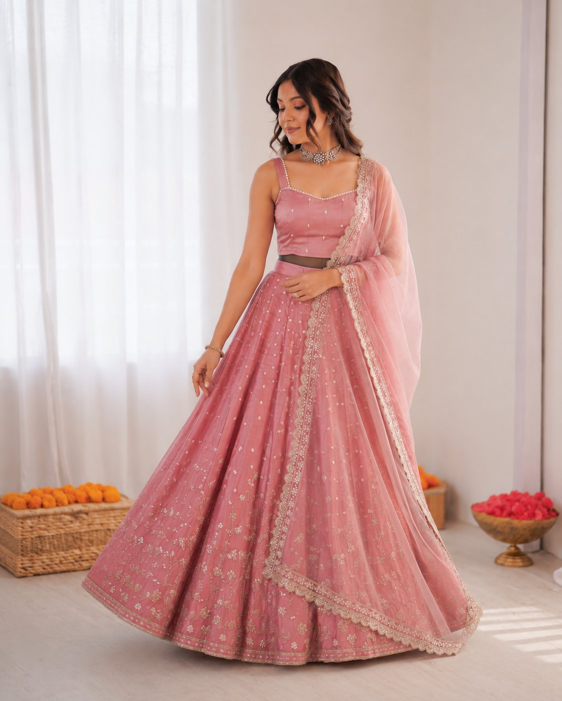 Prazu Fashion Onion Pink Jatan Silk Coding With Sequence Designer Lehenga | Grocsy