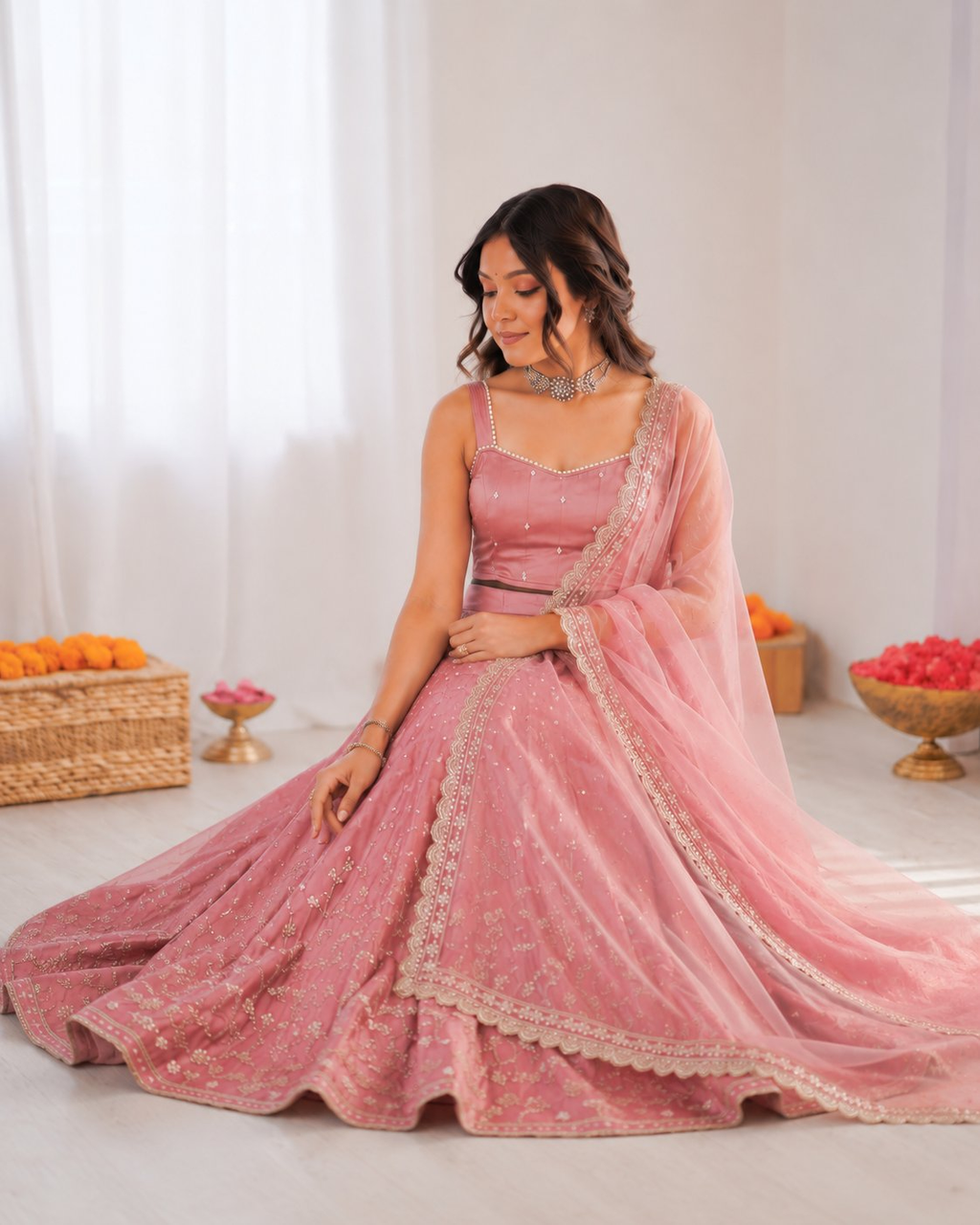 Prazu Fashion Onion Pink Jatan Silk Coding With Sequence Designer Lehenga | Grocsy