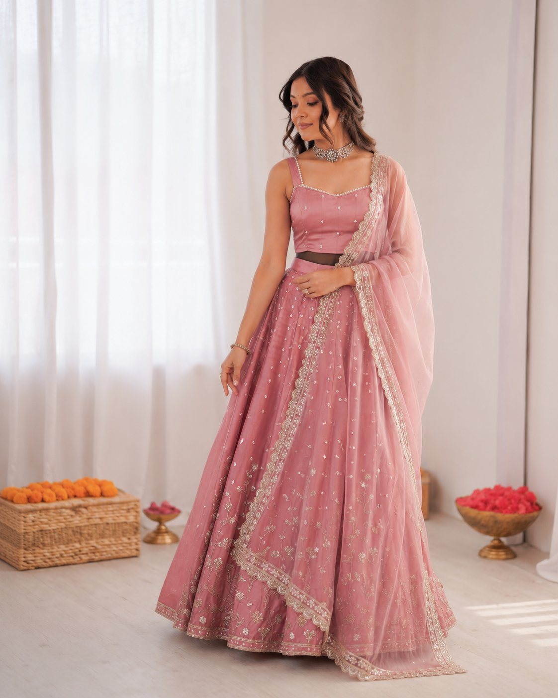 Prazu Fashion Onion Pink Jatan Silk Coding With Sequence Designer Lehenga | Grocsy