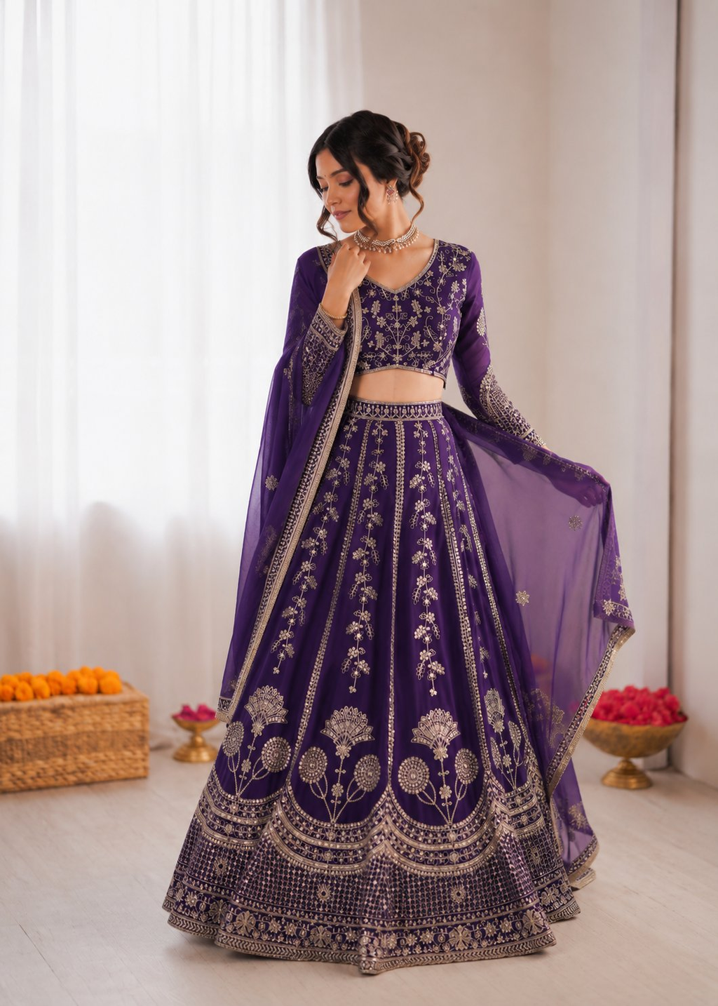 Prazu Fashion Royal Purple Georgette Thread With Sequence Designer Lehenga | Grocsy