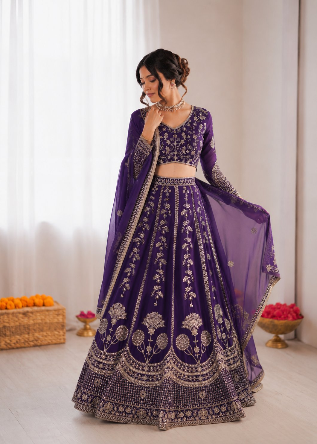 Prazu Fashion Royal Purple Georgette Thread With Sequence Designer Lehenga | Grocsy