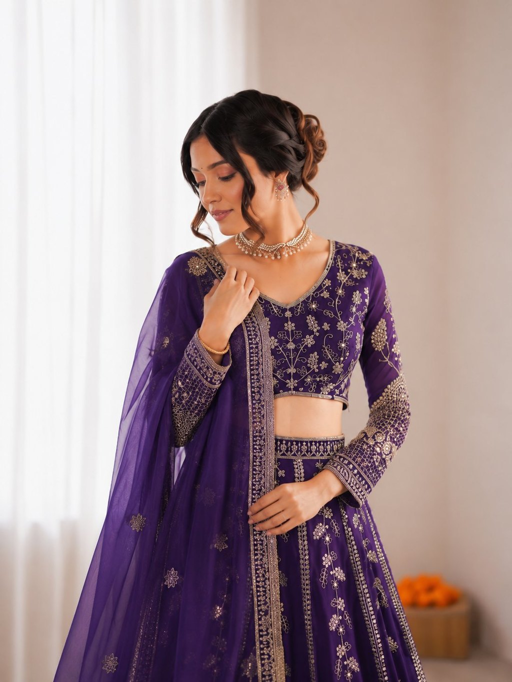 Prazu Fashion Royal Purple Georgette Thread With Sequence Designer Lehenga | Grocsy