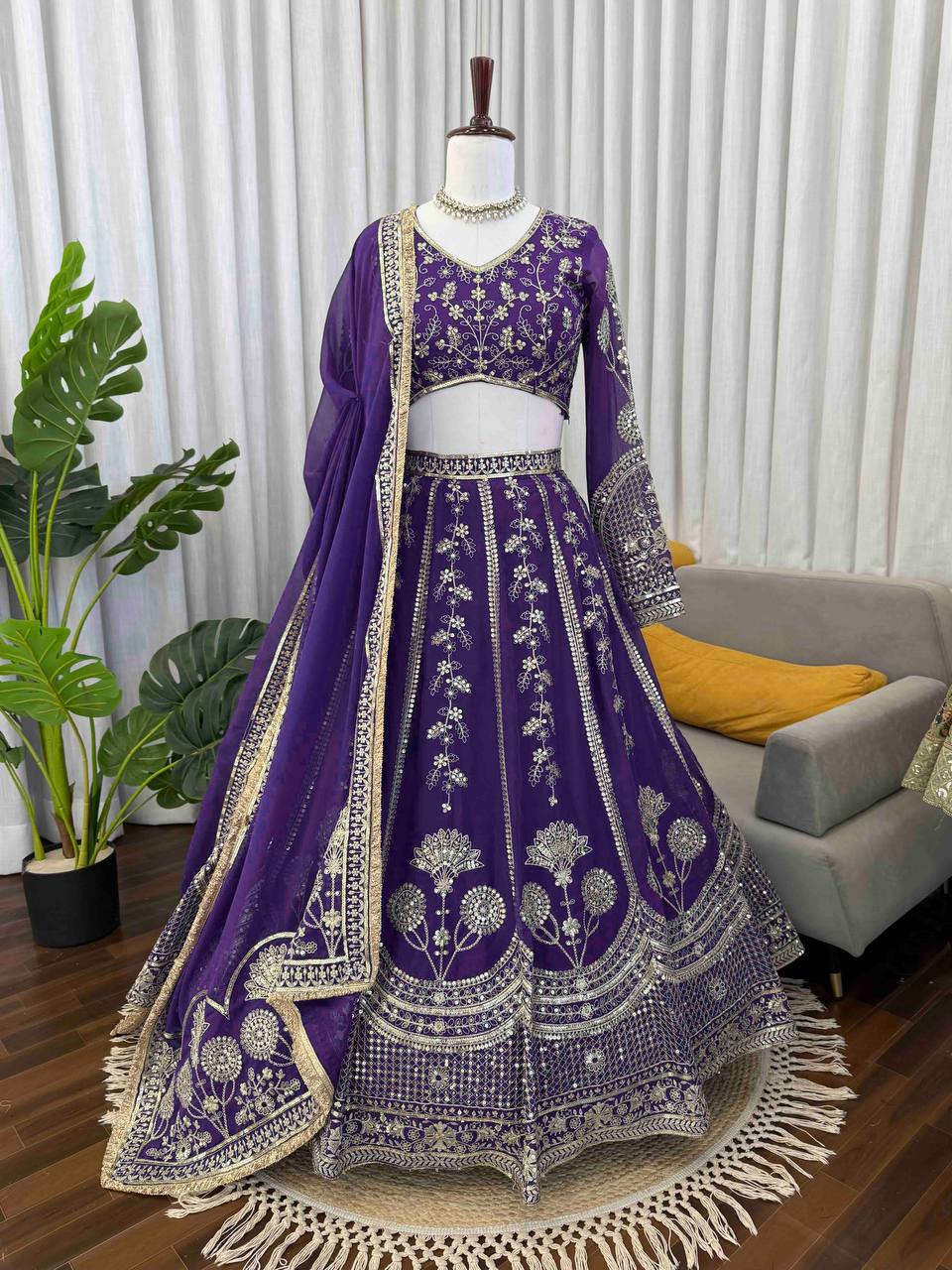 Prazu Fashion Royal Purple Georgette Thread With Sequence Designer Lehenga | Grocsy
