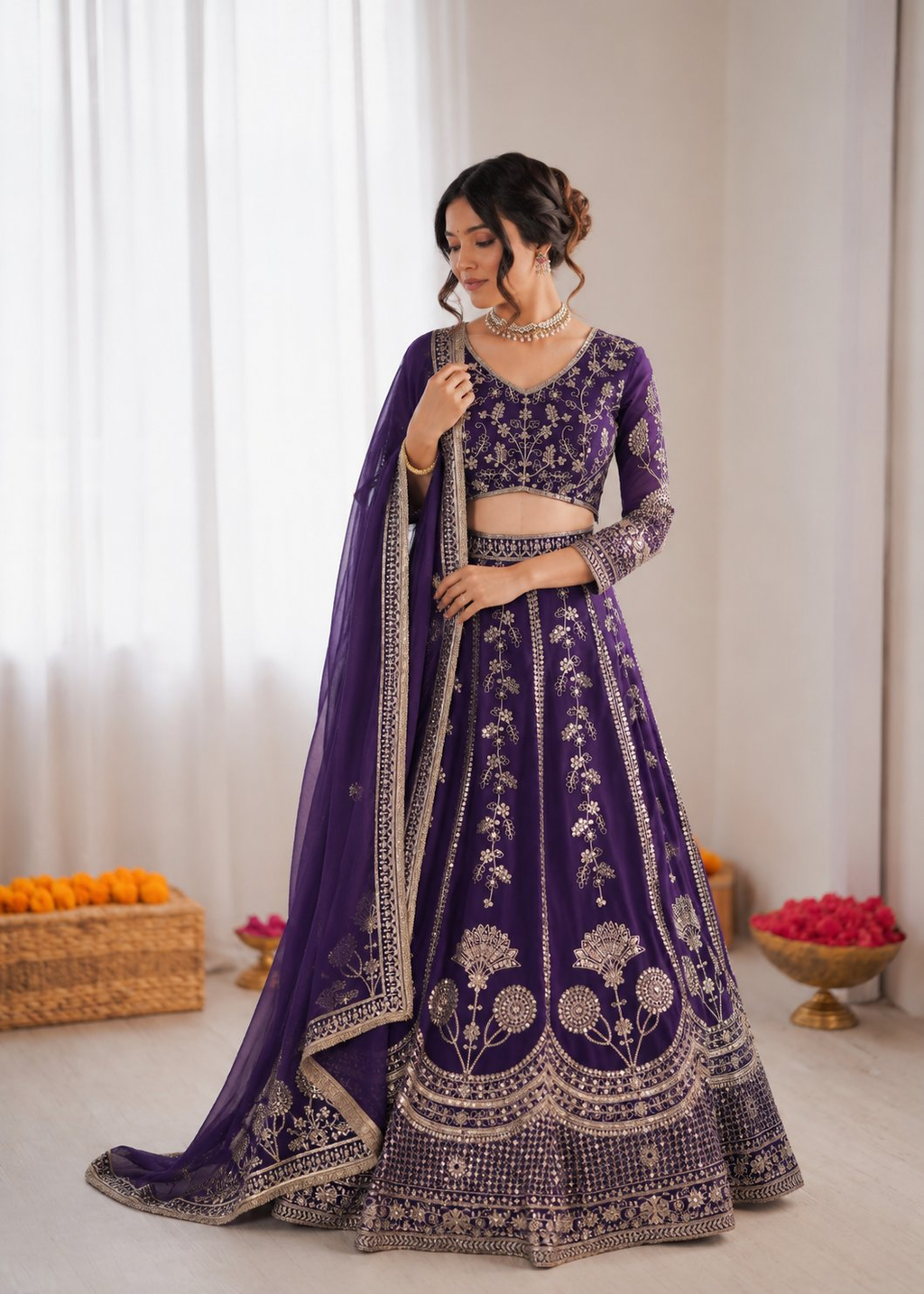 Prazu Fashion Royal Purple Georgette Thread With Sequence Designer Lehenga | Grocsy