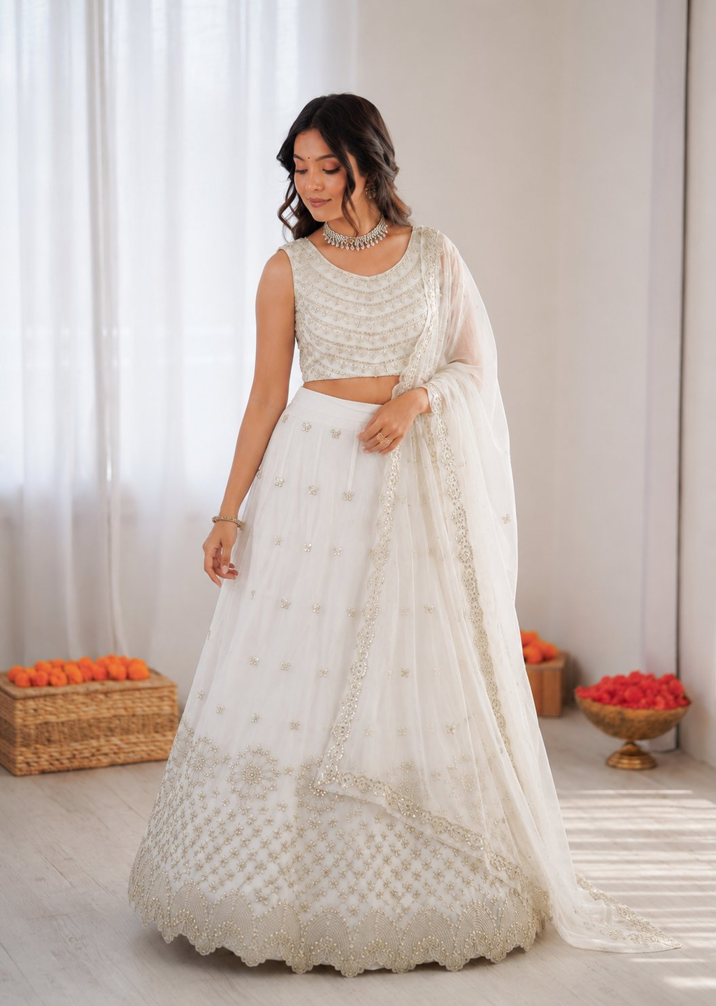 Prazu Fashion Off White Georgette Thread With Sequence Designer Lehenga | Grocsy