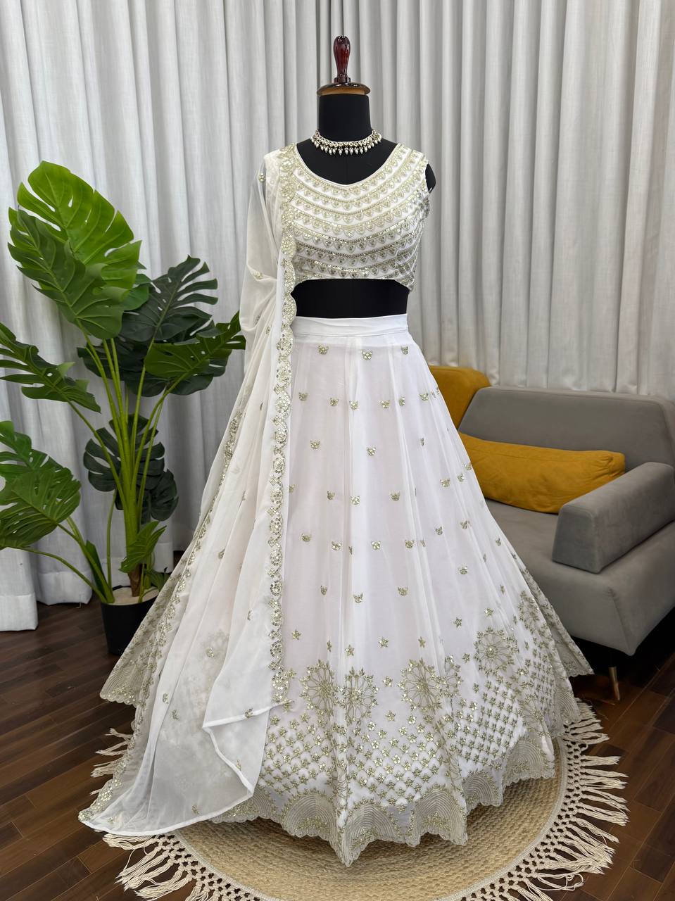 Prazu Fashion Off White Georgette Thread With Sequence Designer Lehenga | Grocsy
