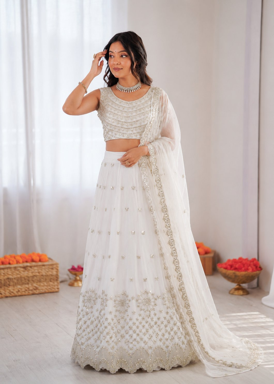 Prazu Fashion Off White Georgette Thread With Sequence Designer Lehenga | Grocsy