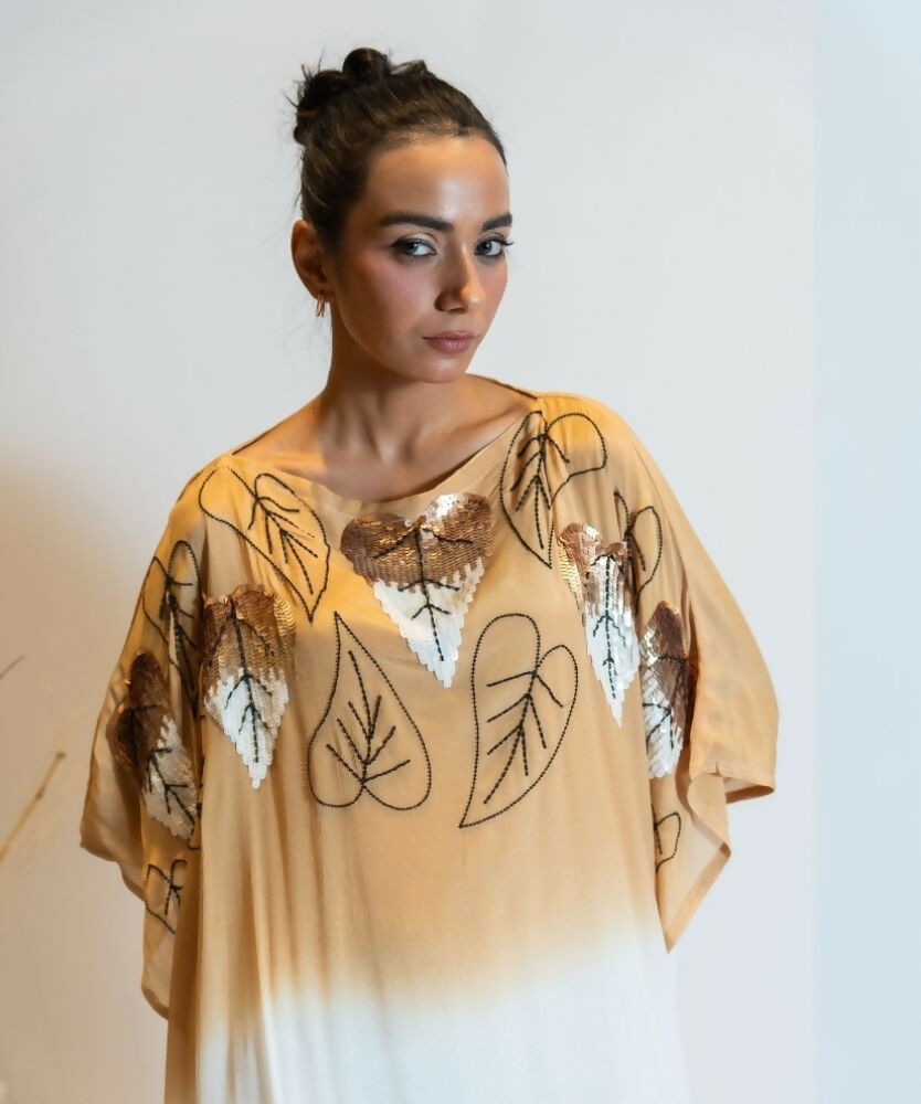 Timaraa Camel Beige To Ivory Ombre Embellished Kaftan Dress | Grocsy