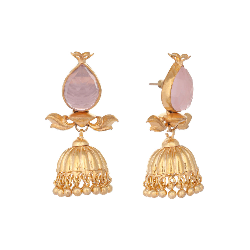 Nuyug 22K Gold Plated Rose Quartz Stone Studded Ethnic Jhumkas | Grocsy