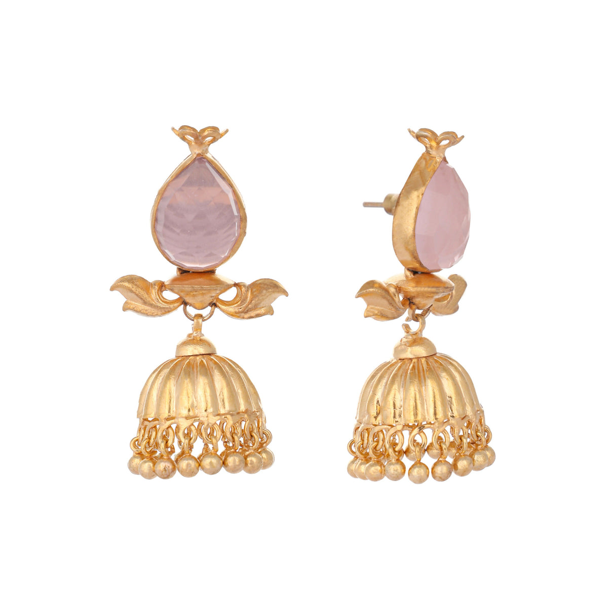 Nuyug 22K Gold Plated Rose Quartz Stone Studded Ethnic Jhumkas | Grocsy