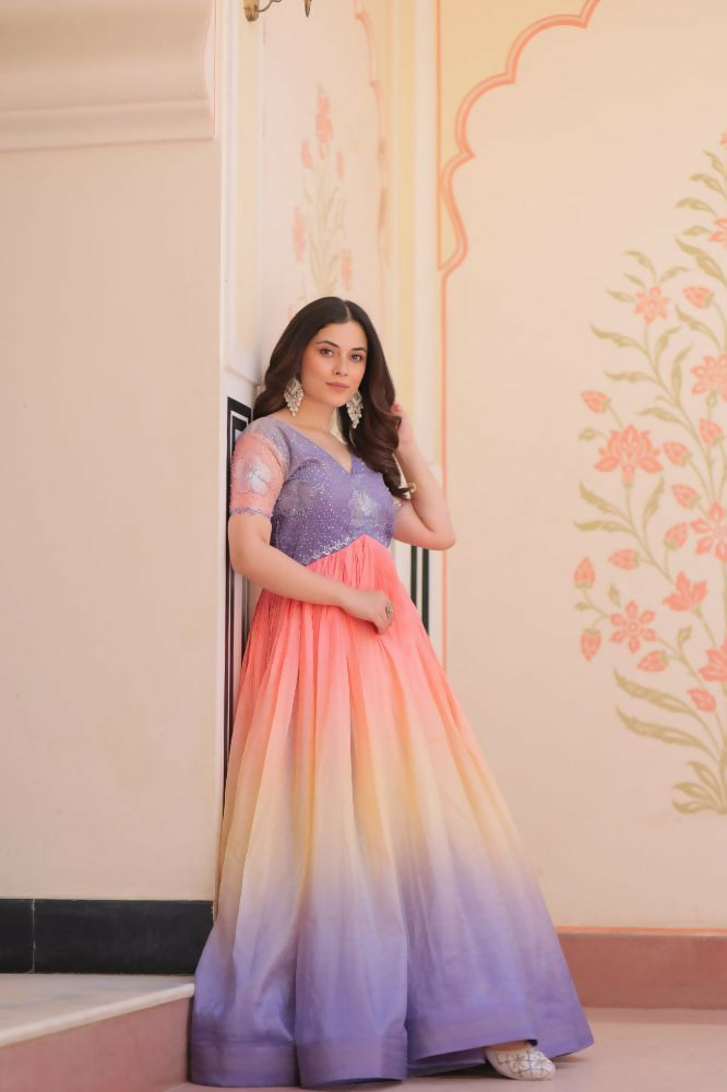 Vastranavya Purple Gold Crush Padding With Beads Embroidered Work Gown | Grocsy