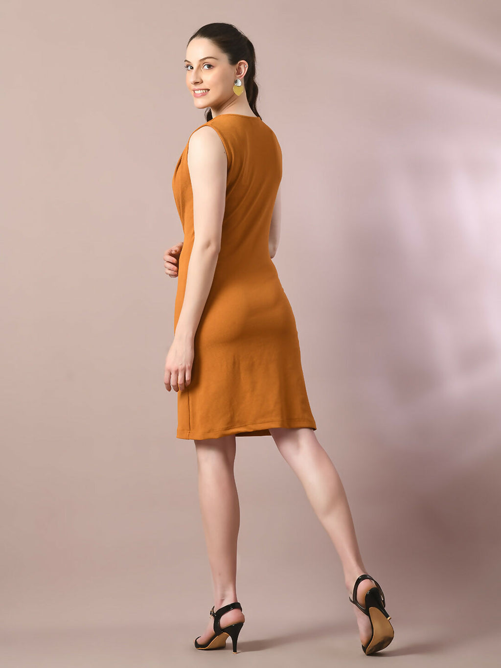 Myshka Women's Mustard Solid Cowl Neck Bodycon Party Dress | Grocsy