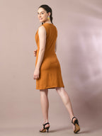 Myshka Women's Mustard Solid Cowl Neck Bodycon Party Dress | Grocsy