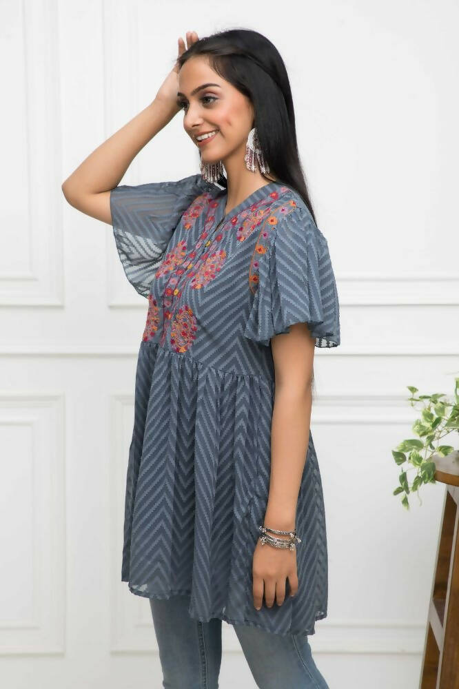 Myshka Women Solid V-Neck Flared Sleeves Synthetic Georgette Grey Top | Grocsy