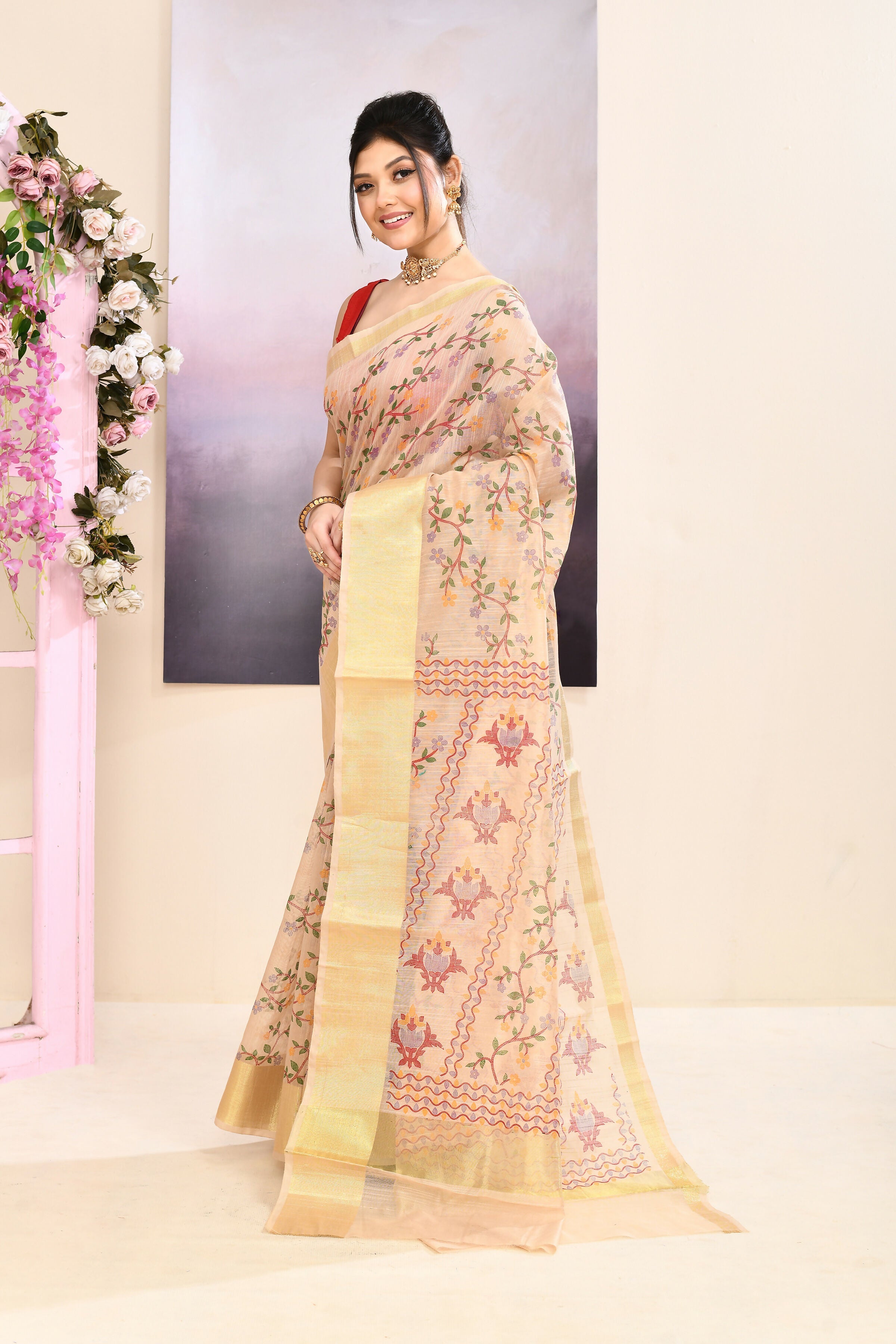 Piyari Fashion Women's Beige Embellished Cotton Blend Printed Saree | Grocsy
