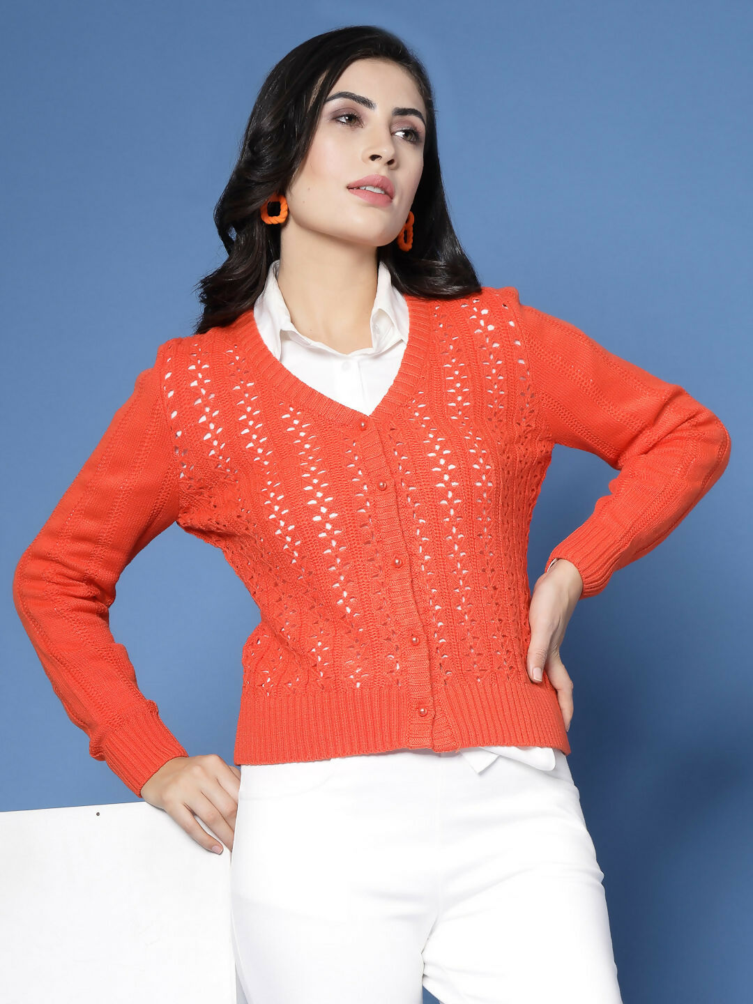 Women Pointelle Rust Acrylic Winter Cardigan - Wool Trees | Grocsy