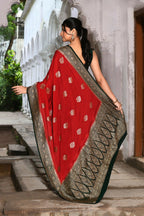 Joban Fashion Red Crepe Chiffon Pure Handloom Banarasi Silk Saree | Grocsy