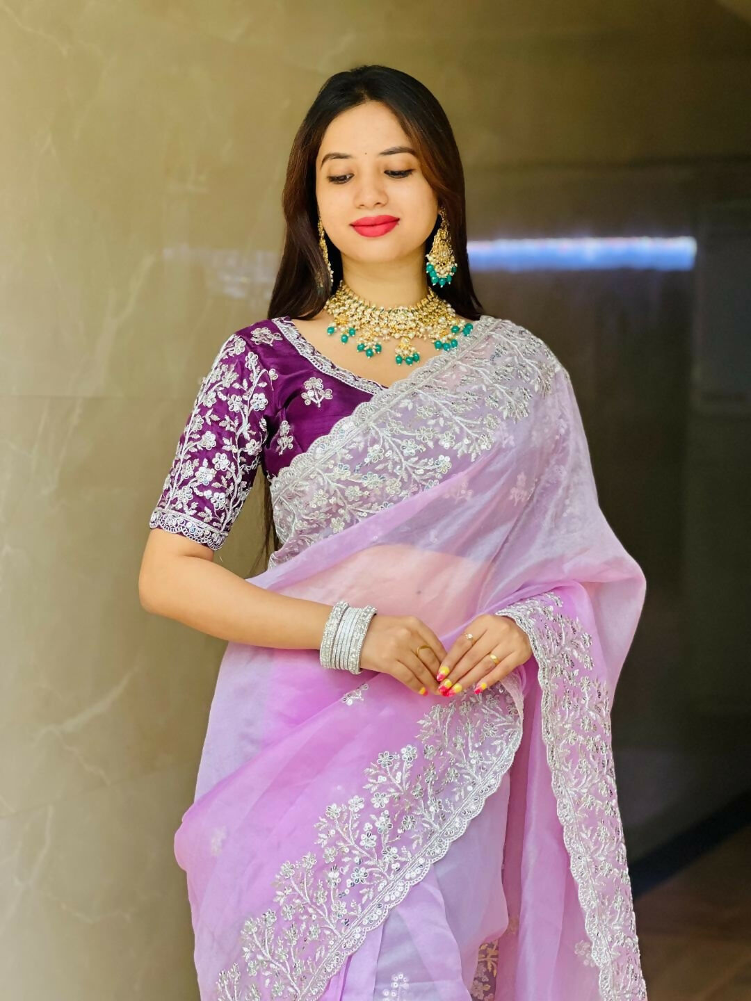 Teeya Creation New Womens Latest Party Wear Soft Organza Saree-Lavender | Grocsy