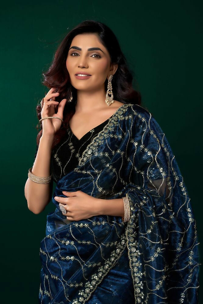 Joban Fashion Navy Blue Net Party Wear Sarees | Grocsy