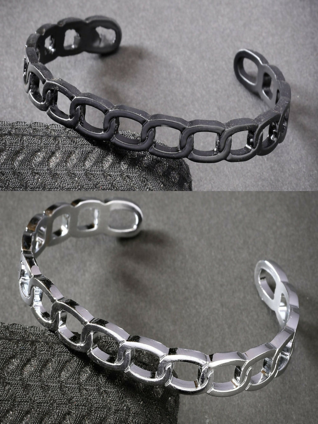 NVR Men's Set of 2 Silver & Black Rhodium-Plated Metal Cuff Bracelet