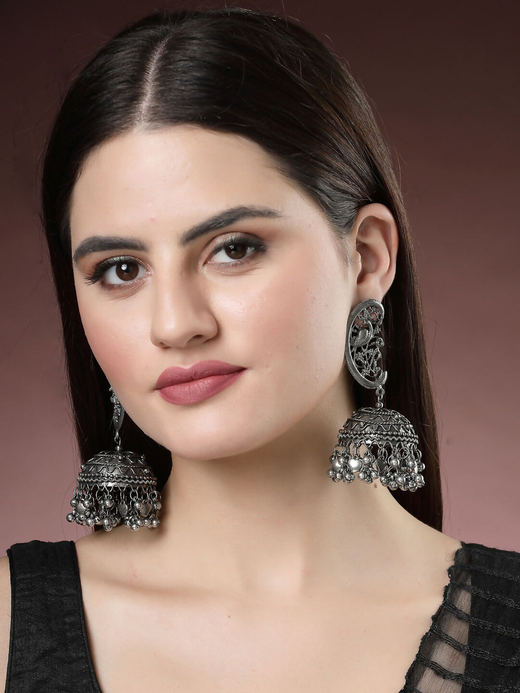 NVR Women's Silver-Plated Oxidised Dome Shaped Jhumka Earrings | Grocsy