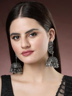 NVR Women's Silver-Plated Oxidised Dome Shaped Jhumka Earrings | Grocsy