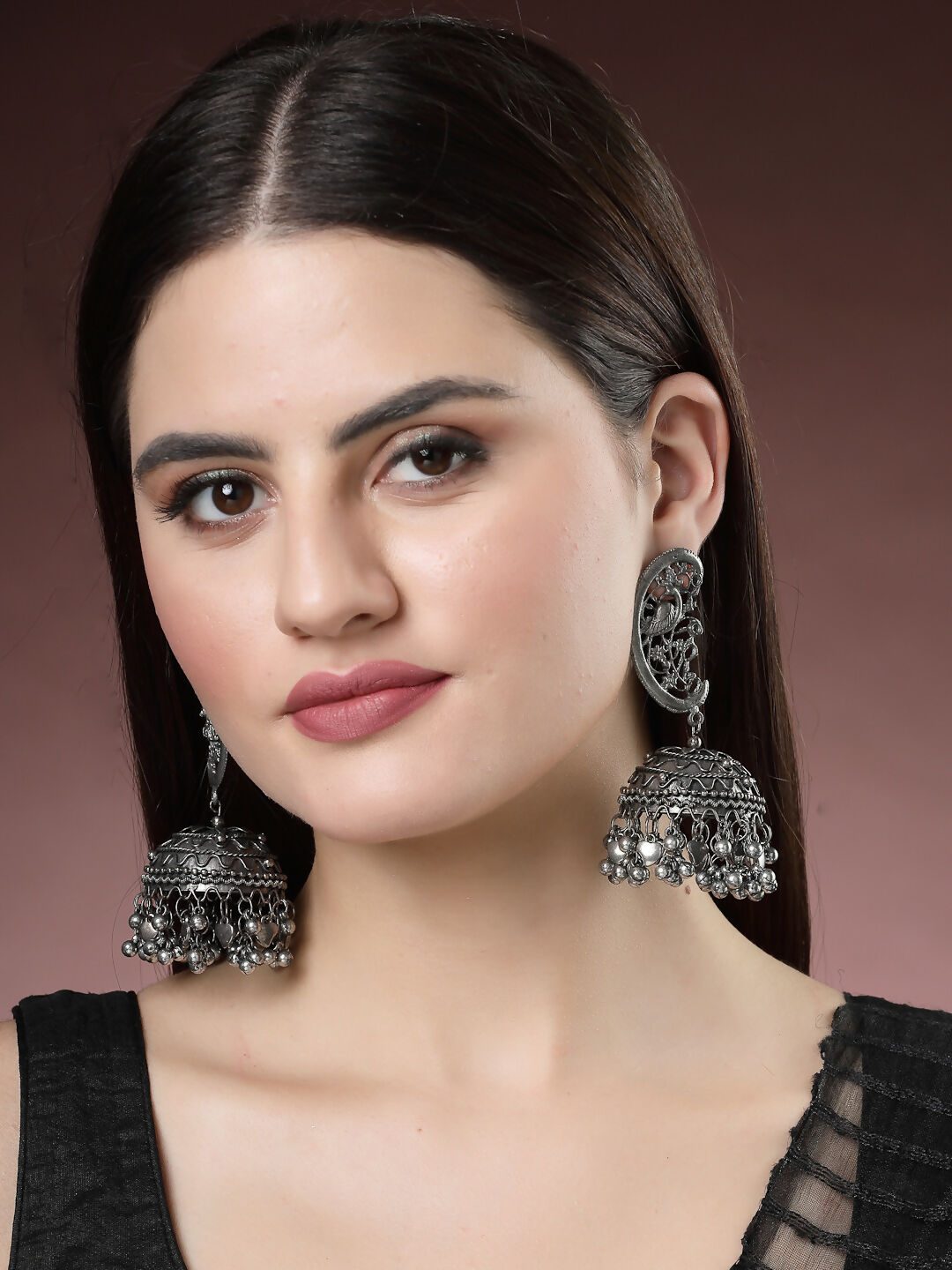 NVR Women's Silver-Plated Oxidised Dome Shaped Jhumka Earrings | Grocsy