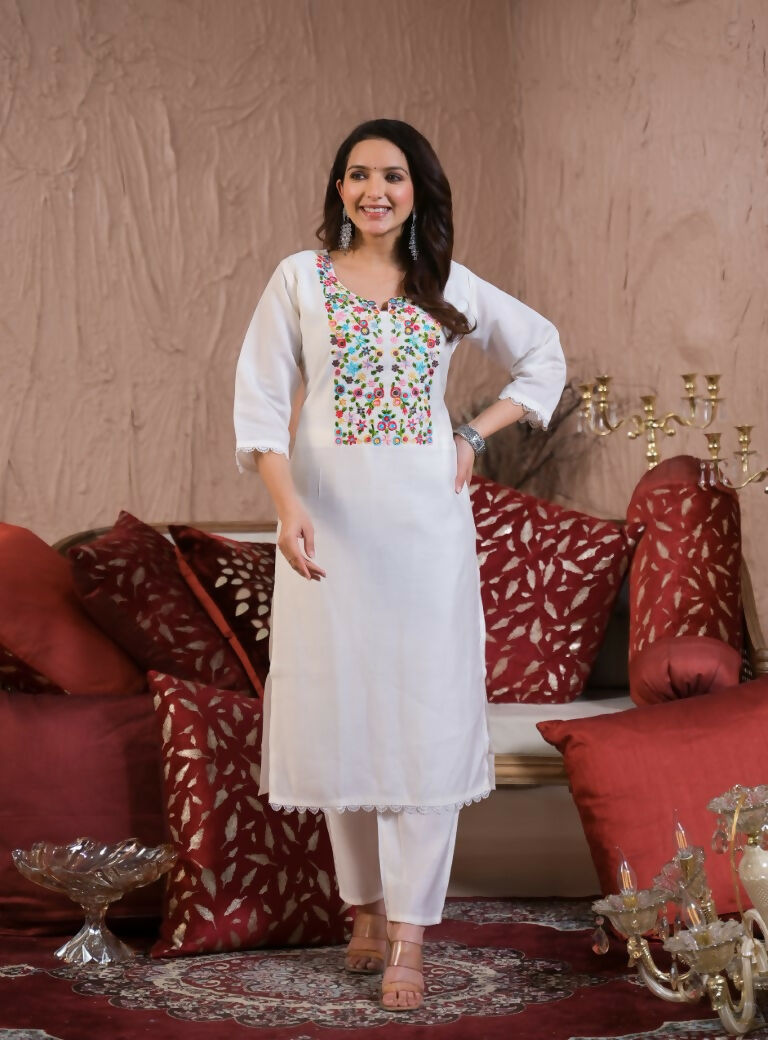 Ethnic Festive Wear Chanderi with Cotton Lining White Stitched Suit With Dupatta - Tanisha | Grocsy