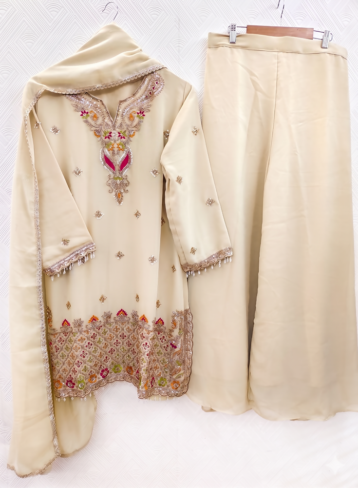 Teeya Creation Designer Beige Festive Palazzo Suit Set with Heavy Embroidery | Grocsy