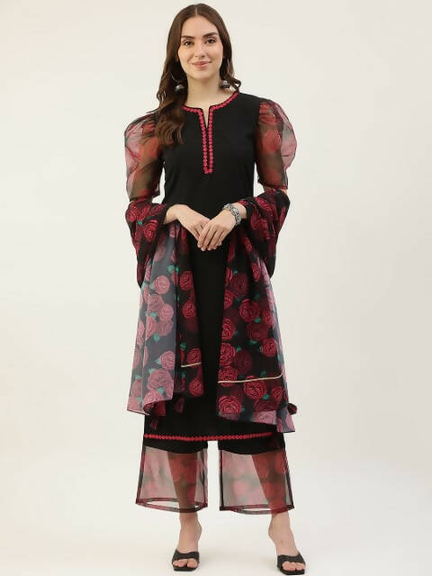 FIORRA Women's Black Crepe Straight Kurta Palazzo Set With Dupatta | Grocsy