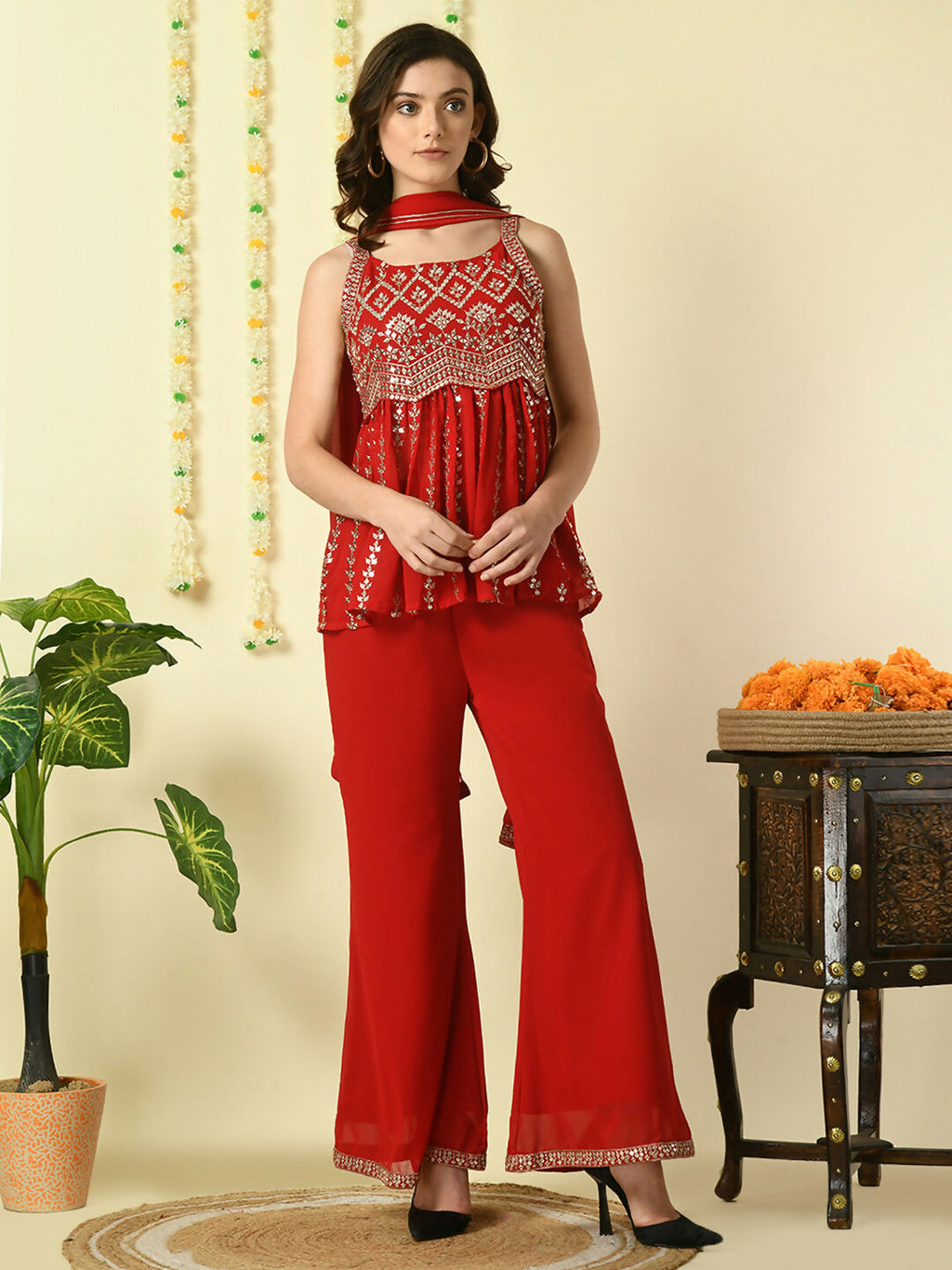 Myshka Women's Red Georgette Top & Palazzos With Dupatta Party Sets | Grocsy