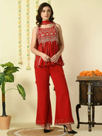 Myshka Women's Red Georgette Top & Palazzos With Dupatta Party Sets | Grocsy